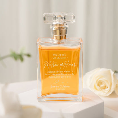 Unique Personalized Matron of Honor Glass Perfume Bottle ideal as bridesmaid gifts and personalized perfume bottle  