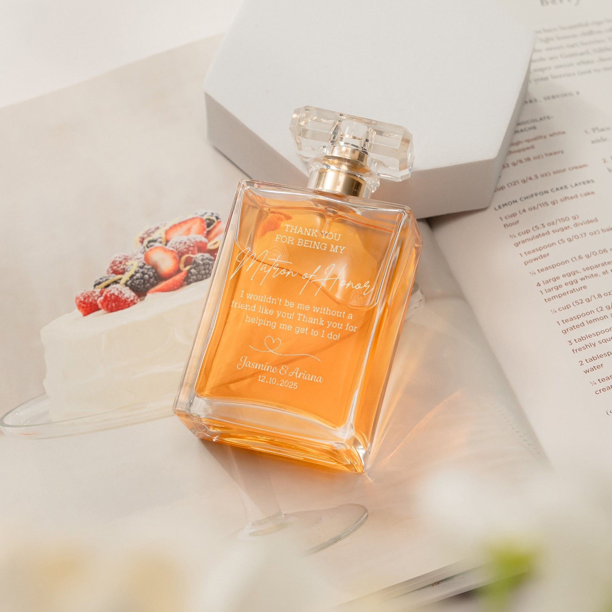 Timeless Personalized Matron of Honor Glass Perfume Bottle presented as lasting bridesmaid gifts and wedding day heirloom  