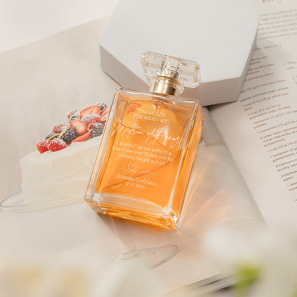 Timeless Personalized Matron of Honor Glass Perfume Bottle presented as lasting bridesmaid gifts and wedding day heirloom  