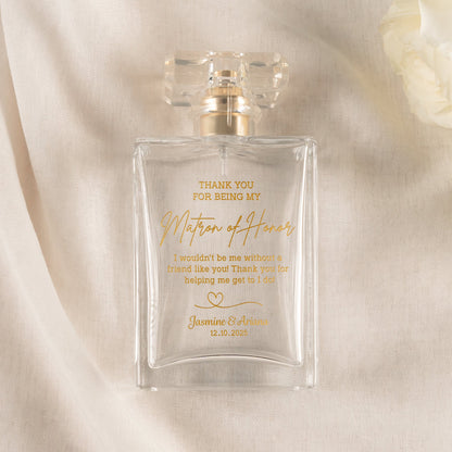 Meaningful Personalized Matron of Honor Glass Perfume Bottle created as elegant matron of honor gifts and bridal perfume  