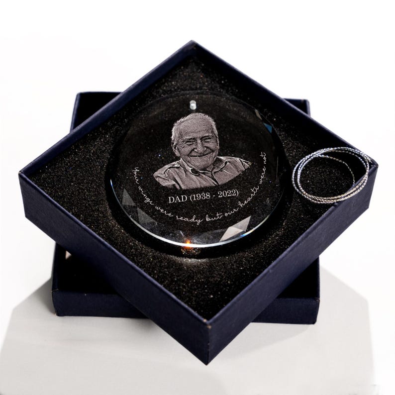 Stylish Personalized Memorial Glass Ornament offered as a family ornament and christmas gifts for family