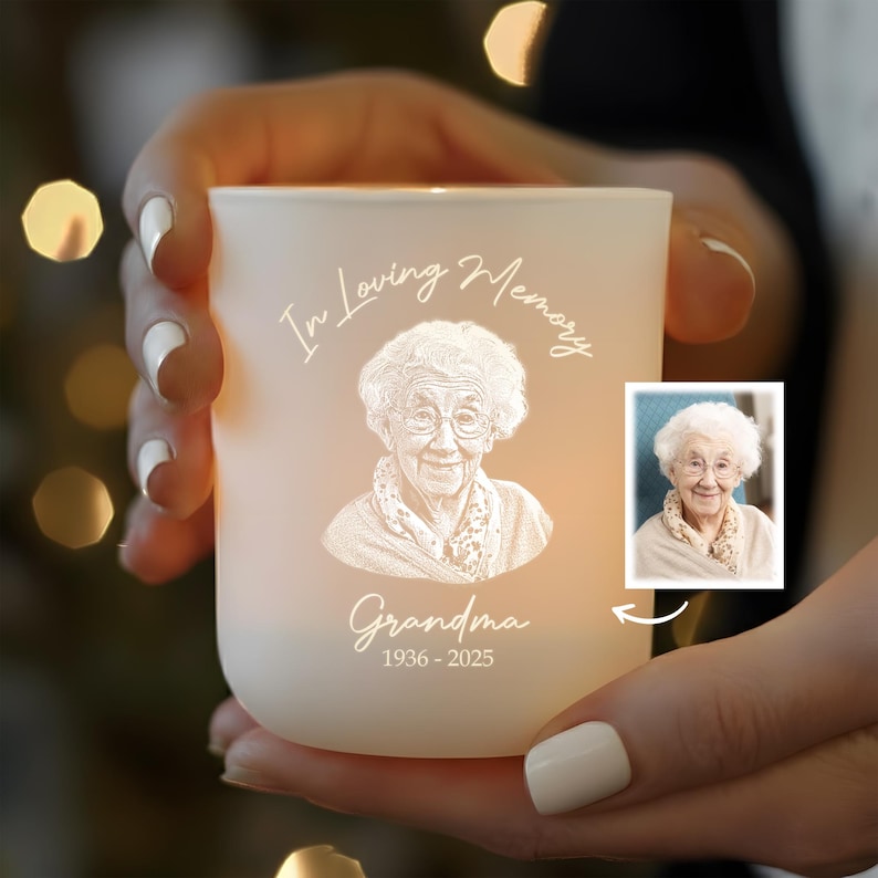 A Personalized Memorial Glass Tea Light Holder, a touching sympathy gift and a beautiful 'in memory of' keepsake.