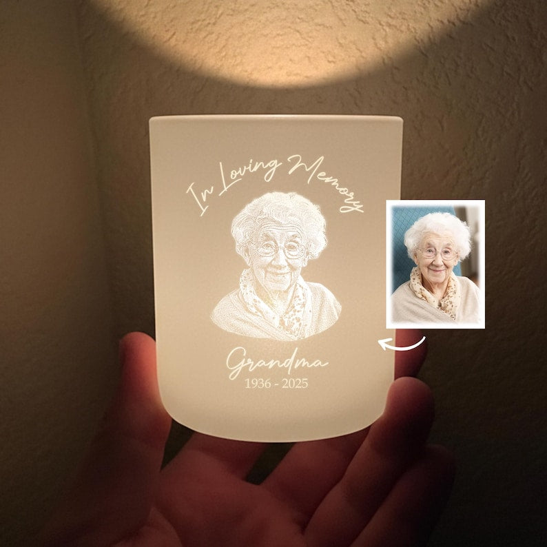 This memorial tea light holder, an engraved Personalized Glass Tea Light Holder, is a cherished grandma remembrance gift.