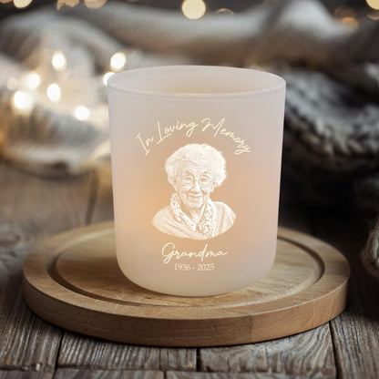 A thoughtful sympathy gift, this Personalized Memorial Glass Tea Light Holder serves as a lasting 'in memory of' gift.