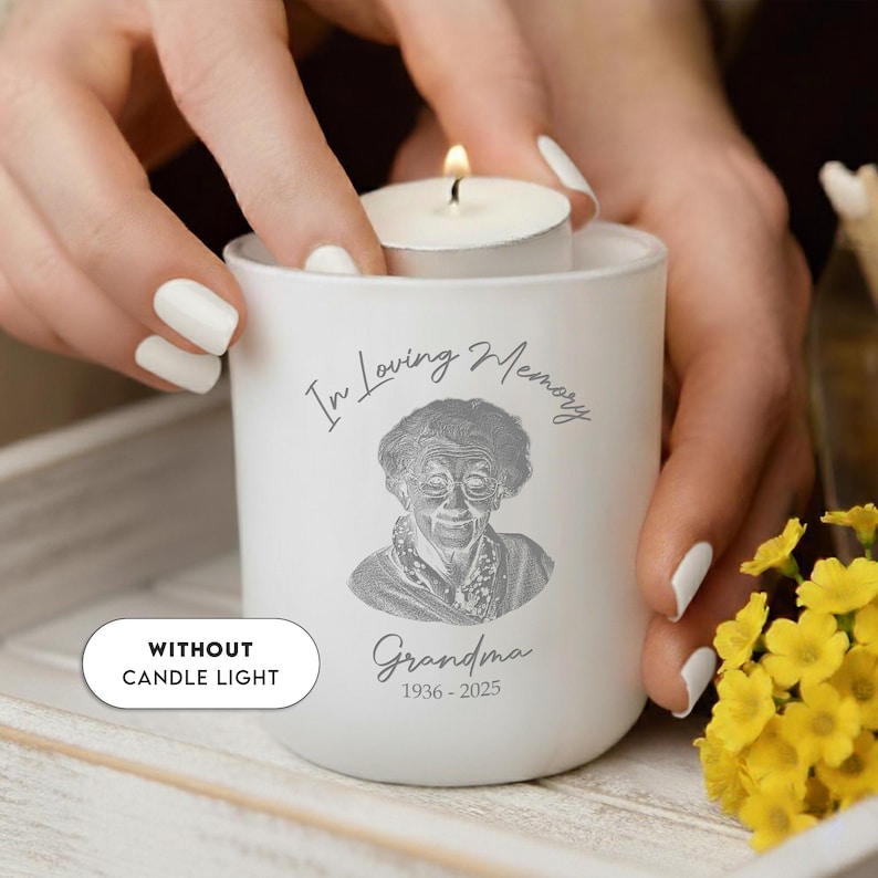 An engraved tea light holder made of glass, this personalized memorial candle holder is a touching grandma remembrance gift.