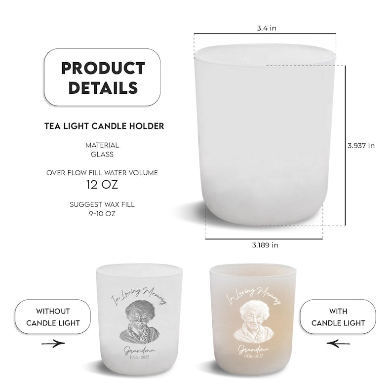 One of our beautiful glass tealight candle holders, personalized as a memorial tea light holder and sympathy gift.