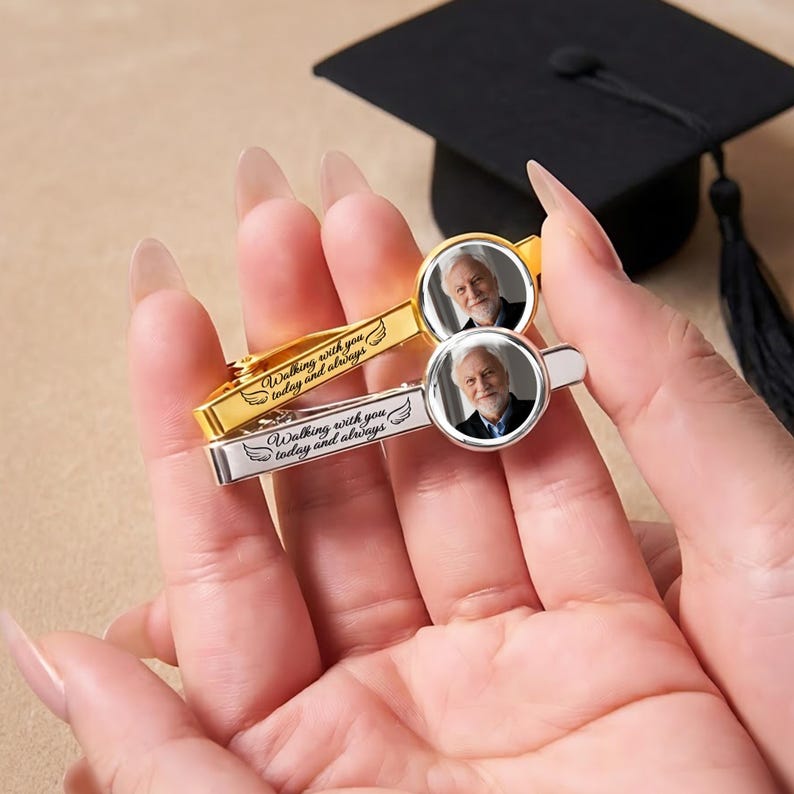 Customized graduation tie clip, offering a subtle and powerful tribute to a dad on graduation day.