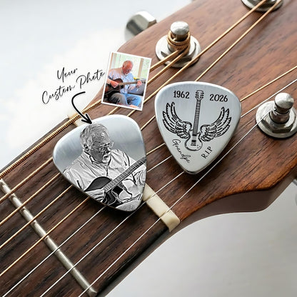 Personalized Memorial Guitar Pick with Photo, a high-quality custom plectrum for remembrance.