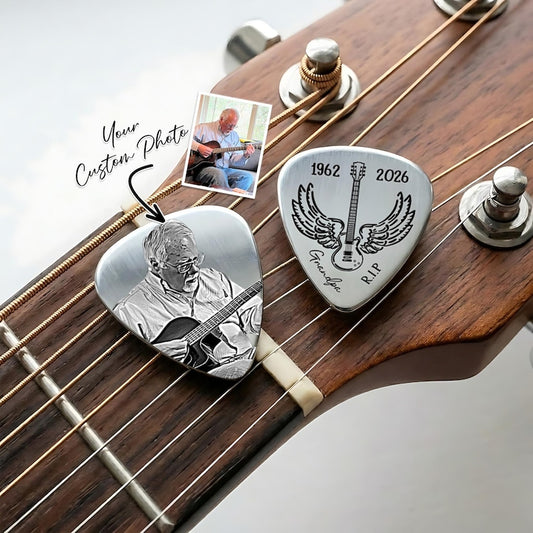 Personalized Memorial Guitar Pick with Photo, a high-quality custom plectrum for remembrance.