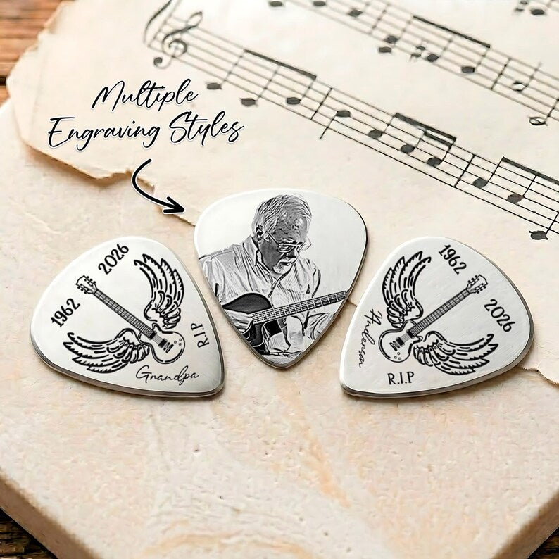 Durable laser engraved guitar pick, providing a beautiful condolence gift for someone who lost their dad.