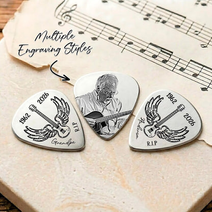 Durable laser engraved guitar pick, providing a beautiful condolence gift for someone who lost their dad.