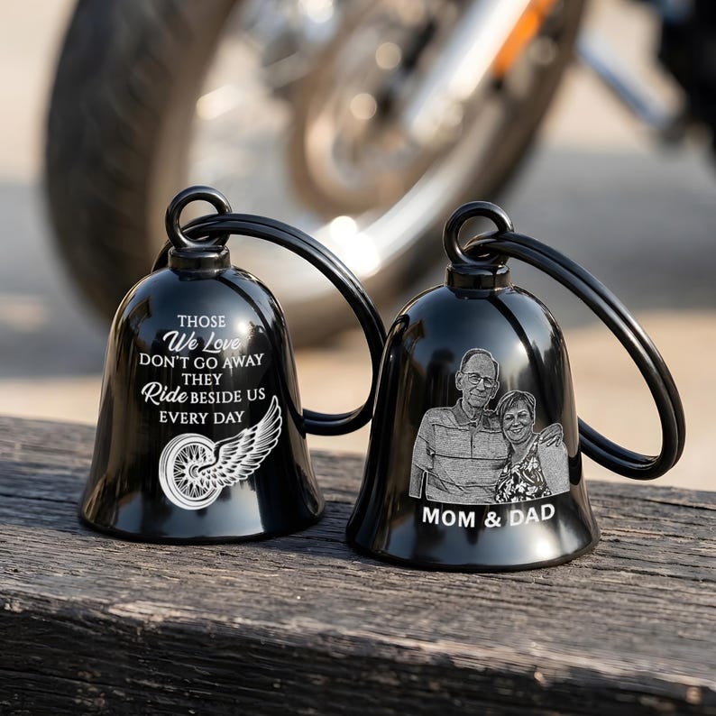 Personalized memorial motorcycle angel bell, a unique custom guardian bell and biker memorial gift.