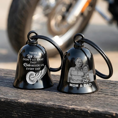 Personalized memorial motorcycle angel bell, a unique custom guardian bell and biker memorial gift.
