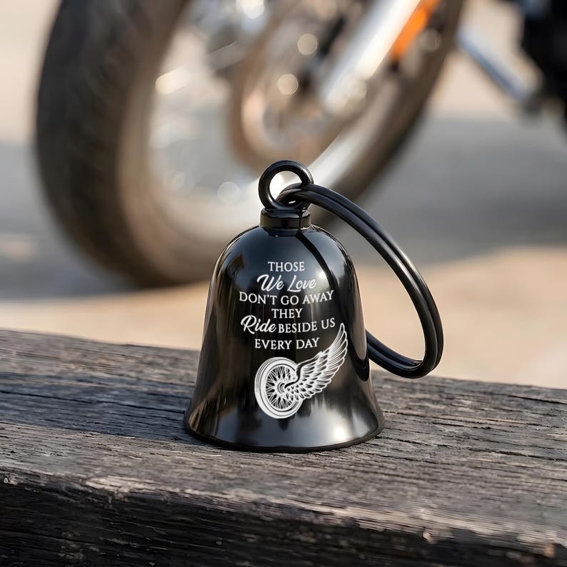 Custom engraved motorcycle guardian bell featuring a guardian angel biker bell design for protection.