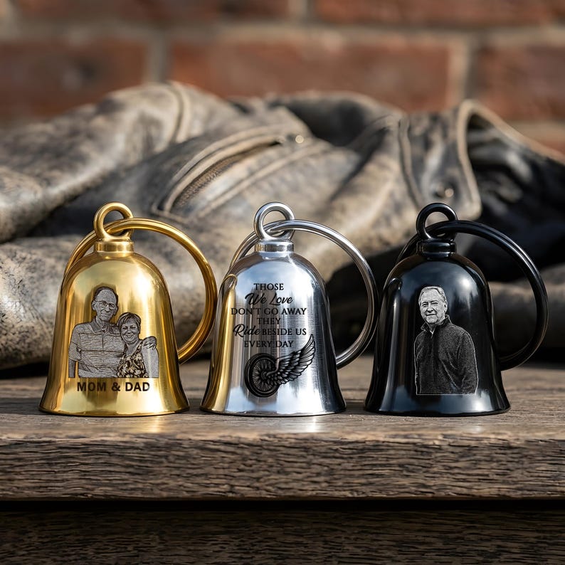 Custom motorcycle bells with a guardian angel bell for motorcycle riders, making a unique gift for a motorcycle dad.