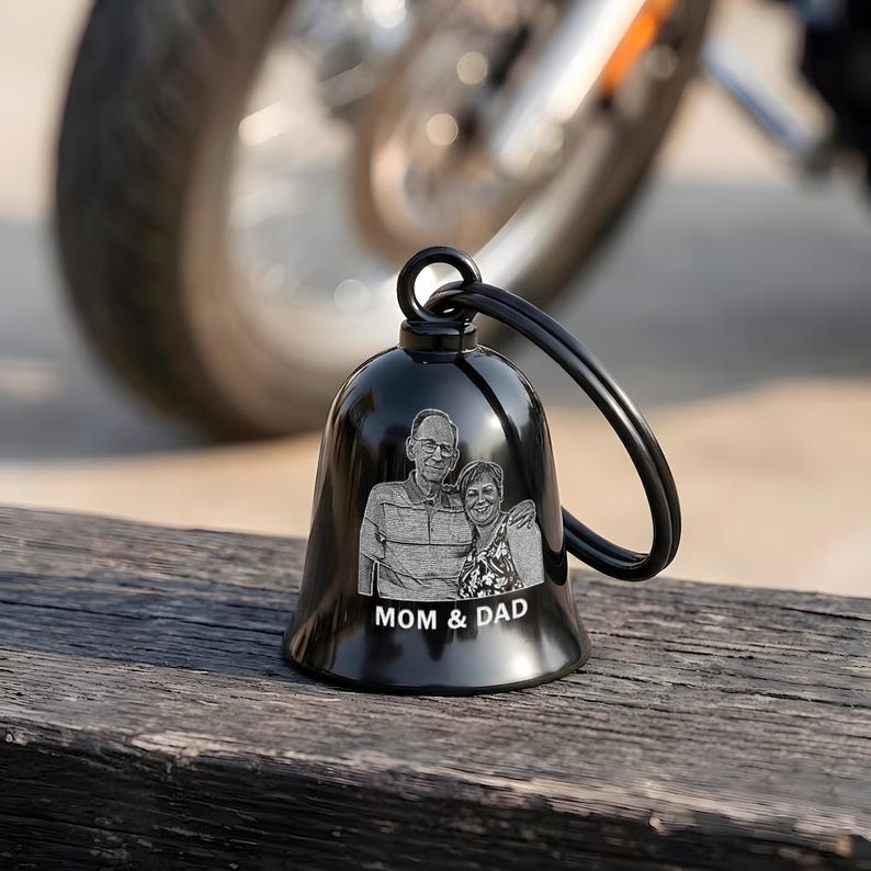 Personalized motorcycle bell and custom engraved guardian bell, a heartfelt gift for biker dads for Father's Day 2026.