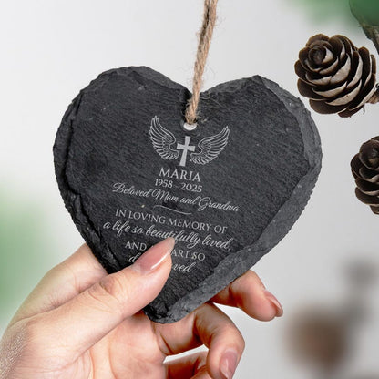A custom memorial ornament for a mother, this Personalized Memorial Heart Glass Ornament for Mom is a beautiful remembrance gift.