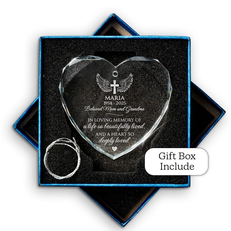 This glass heart ornament, a Personalized Memorial Heart Glass Ornament for Mom, is a custom memorial ornament to honor a mother.