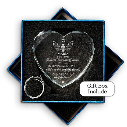 This glass heart ornament, a Personalized Memorial Heart Glass Ornament for Mom, is a custom memorial ornament to honor a mother.