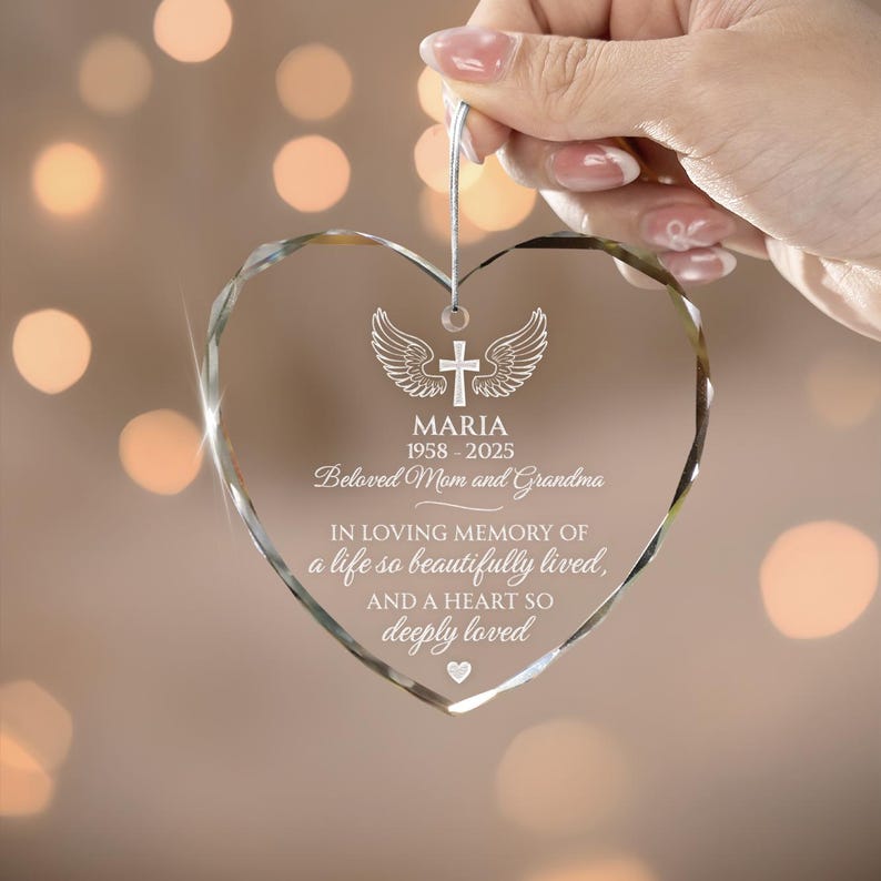 The ideal remembrance gifts for loss of mother, this Personalized Memorial Heart Glass Ornament for Mom is a thoughtful memorial ornament.
