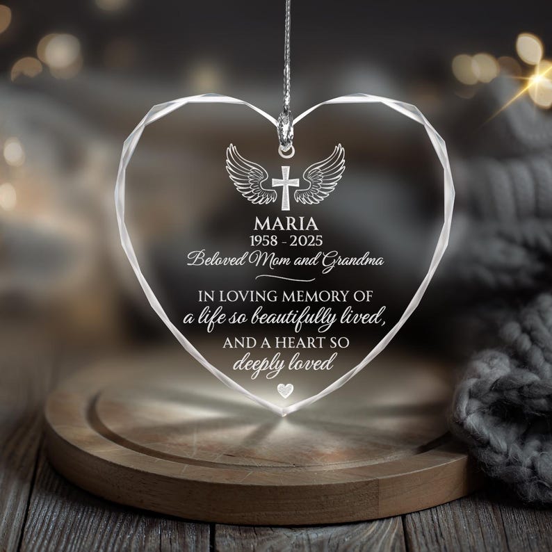 This custom memorial ornament, a Personalized Memorial Heart Glass Ornament for Mom, is a heartfelt gift for loss of mother.