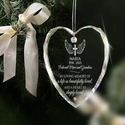 An elegant engraved Christmas ornament, the Personalized Memorial Heart Glass Ornament for Mom serves as a cherished memorial ornament.