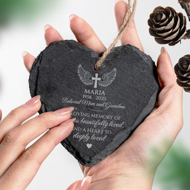 Personalized Memorial Heart Glass Ornament for Mom, a unique glass heart ornament and treasured sympathy gift for a grieving mother.