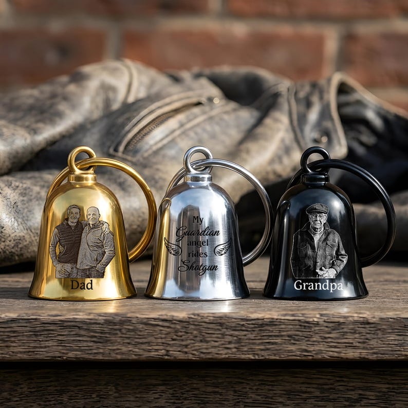 This custom guardian bell features a cherished memorial photo, making it a unique Father's Day gift.