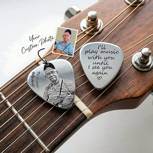 Personalized Memorial Photo Guitar Pick, a high-quality and meaningful custom plectrum for music lovers.
