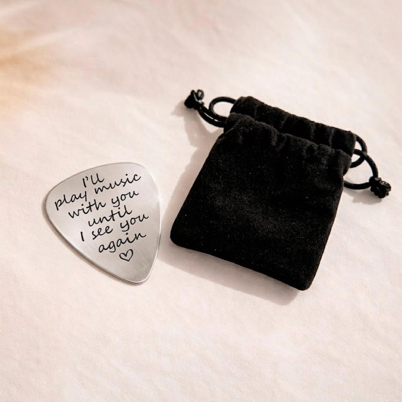 This custom guitar pick features a cherished memorial photo, making it a unique Father's Day gift.