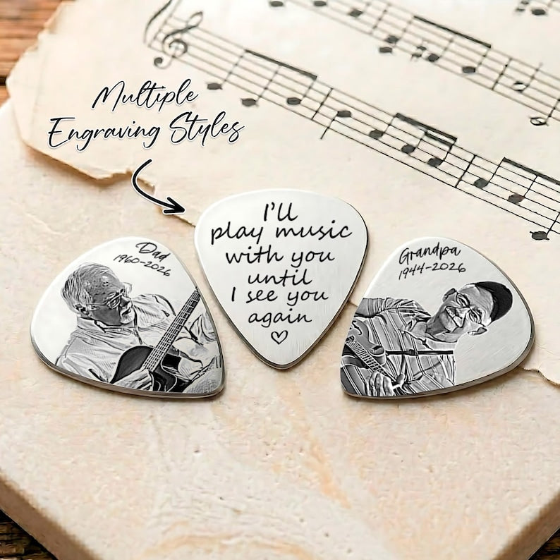 Durable laser engraved guitar pick, providing a beautiful way to carry a memorial photo gift.