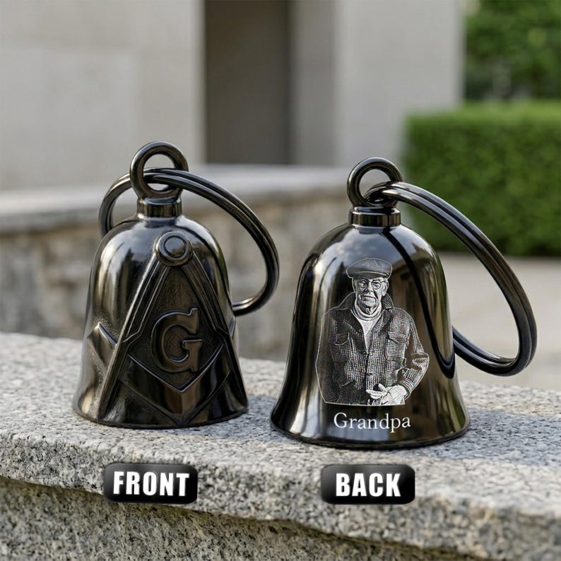 Personalized memorial photo masonic guardian bell, a unique custom guardian bell and motorcycle memorial gift.