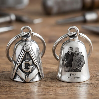 Custom engraved motorcycle guardian bell featuring a masonic guardian bell symbol for protection.