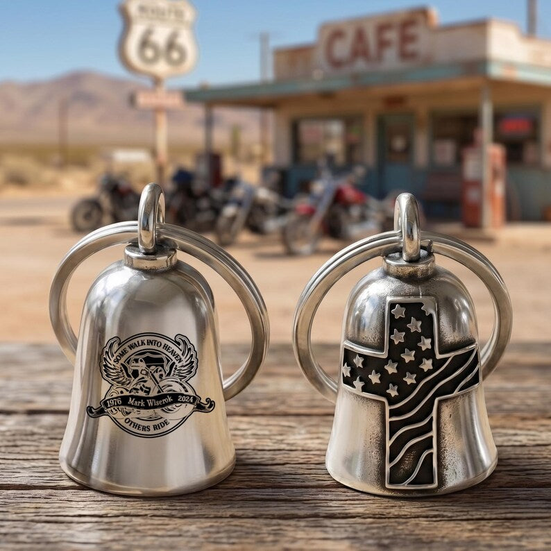 Personalized memorial USA flag cross guardian bell, a unique custom guardian bell and motorcycle memorial gift.