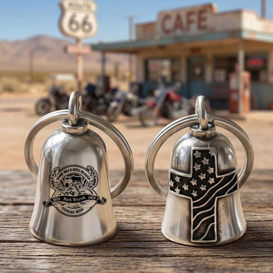 Personalized memorial USA flag cross guardian bell, a unique custom guardian bell and motorcycle memorial gift.
