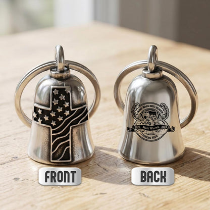 Custom engraved motorcycle guardian bell featuring a USA flag cross guardian bell design for protection.