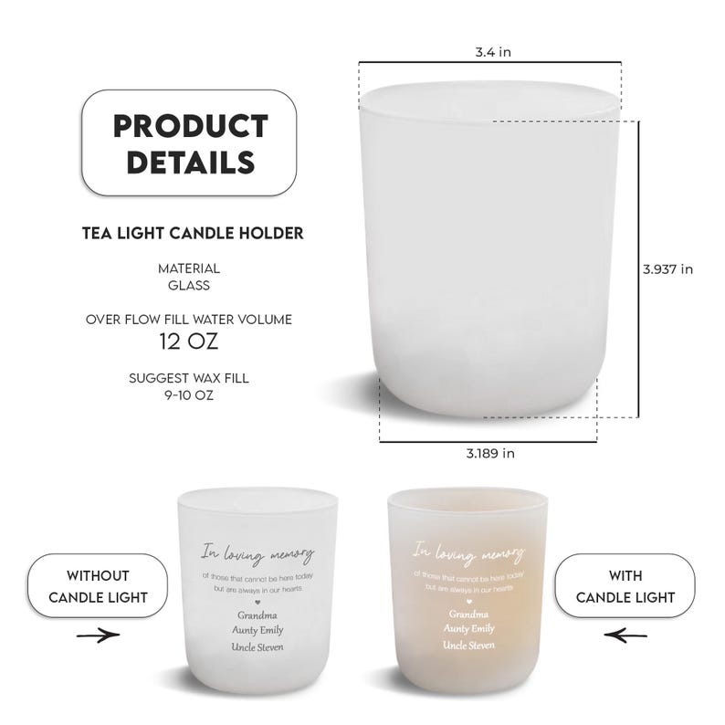 A close-up of a memorial tea light holder, the Personalized Memory Glass is a beautiful grandma remembrance gift.