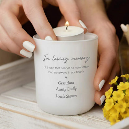 Custom engraved tea light holder, the Personalized Memory Glass is a thoughtful example of in memory of gifts.