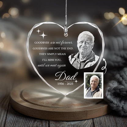 A Personalized Memory Heart Glass Ornament with Photo, a touching sympathy gift for the loss of a mother or father.