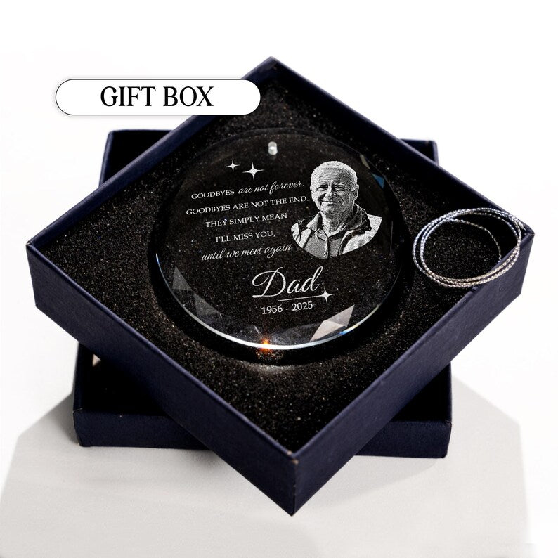 Close-up of a glass heart ornament, this Personalized Memory Heart Ornament is a unique memorial ornament with a photo.