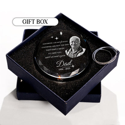 Close-up of a glass heart ornament, this Personalized Memory Heart Ornament is a unique memorial ornament with a photo.