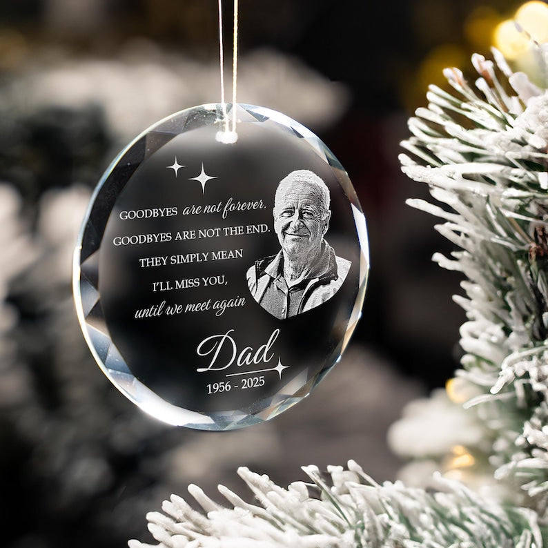 Personalized Memory Heart Glass Ornament with Photo, a unique glass heart ornament and treasured personalized gift for someone who lost a parent.