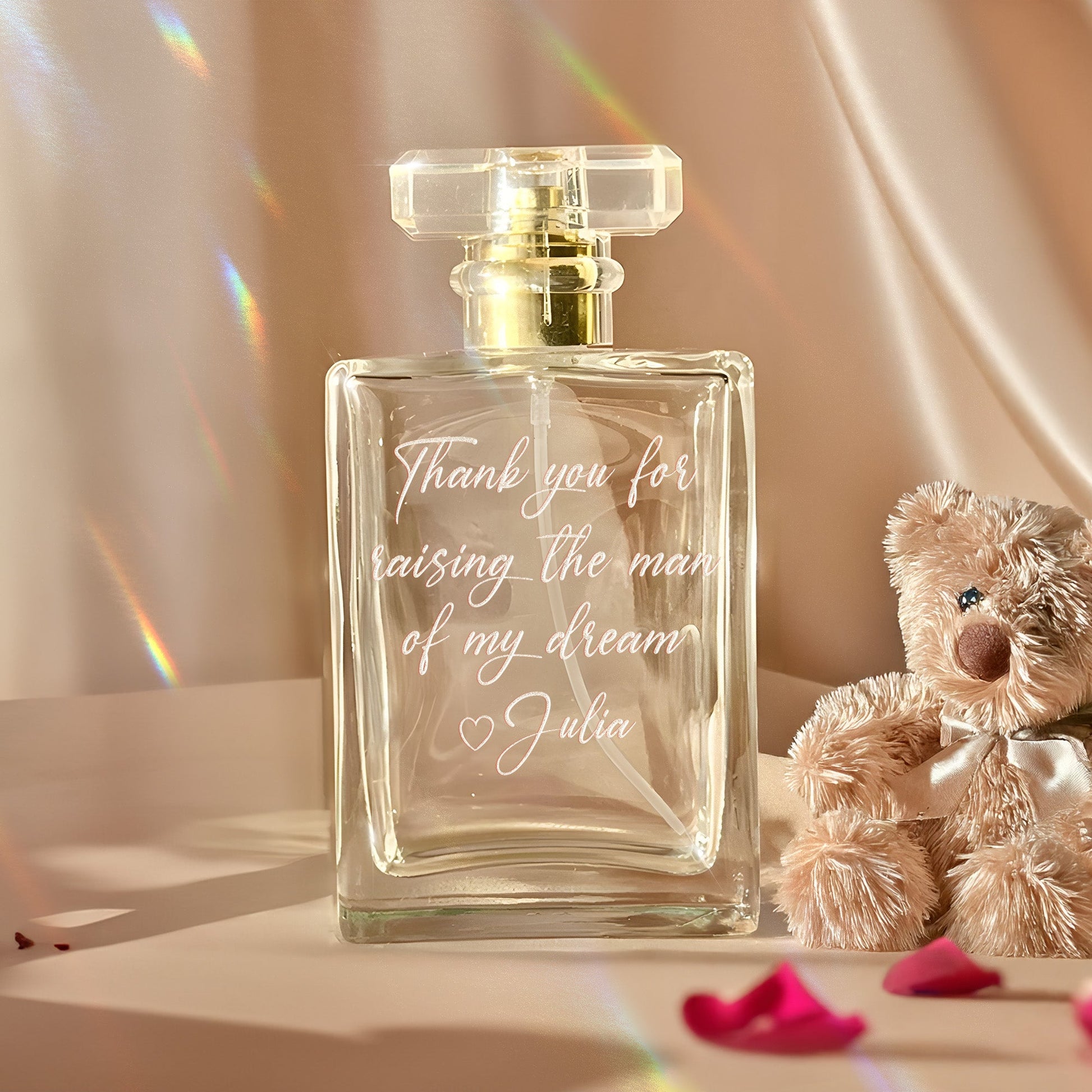 Personalized Message Glass Perfume Bottle designed as elegant mother of the groom gifts and wedding keepsake  