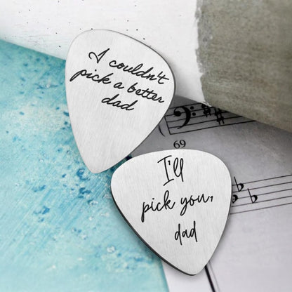 Customized guitar plectrum with engraved handwriting, perfect for a dad who plays or collects.