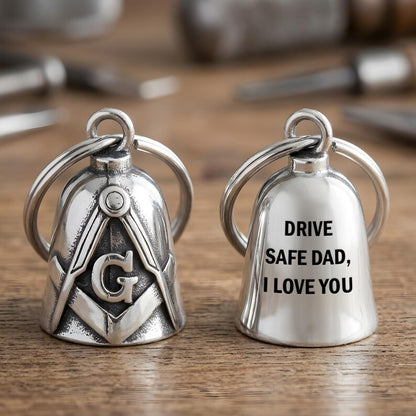 Custom engraved motorcycle guardian bell featuring a masonic guardian bell design and "Ride Safe Daddy" message.