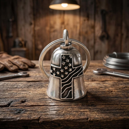 Personalized motorcycle bell featuring a US flag cross guardian bell engraving, perfect for Father's Day 2026.
