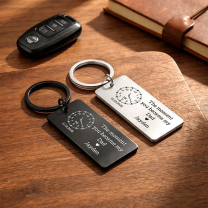 Personalized metal keychain for new dad, a unique custom dad keychain and engraved Father's Day gift.