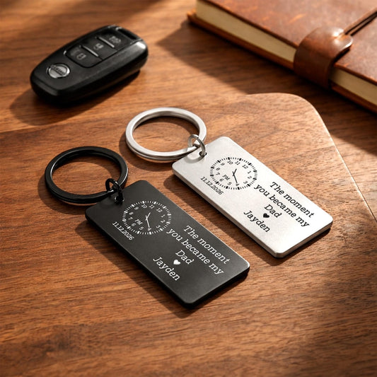 Personalized metal keychain for new dad, a unique custom dad keychain and engraved Father's Day gift.