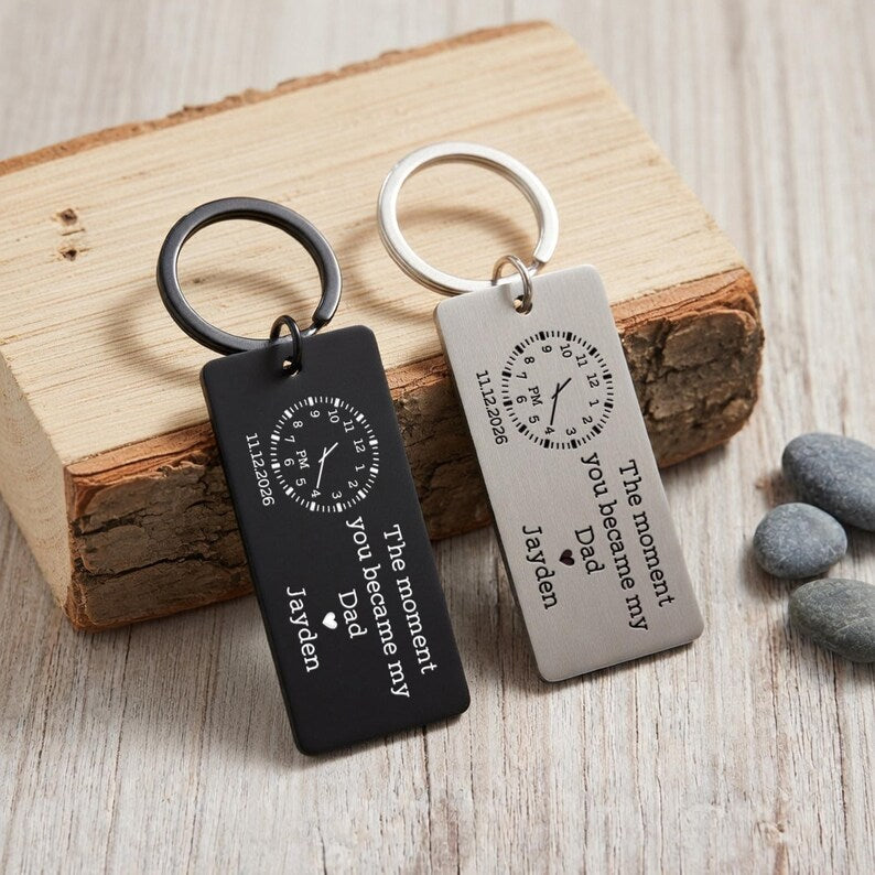 Custom metal keychains with laser engraved design, the perfect first Fathers Day gifts for a new dad.