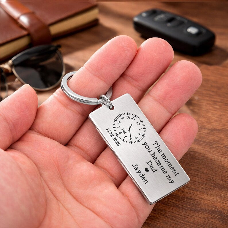 Custom engraved keychains in premium metal, a great sentimental gift for soon to be dads and newborn dad gifts.